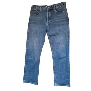 AGOLDE Riley High Rise Straight Crop Jeans 32 Blue Transfer Wash Button Fly